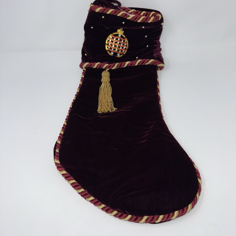 Vintage Burgundy Velvet Christmas Stockings w/Tassels And Rhinestones Set of 2